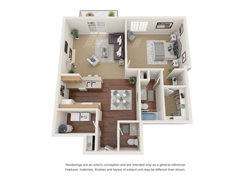One bedroom, one and a half bathroom three dimensional floor plan.